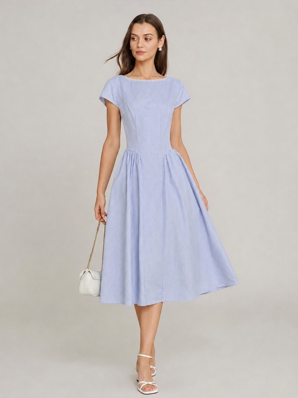 NWT 🔹RIHOAS Blue Boat Neck Shirred Midi Dress 🔷
